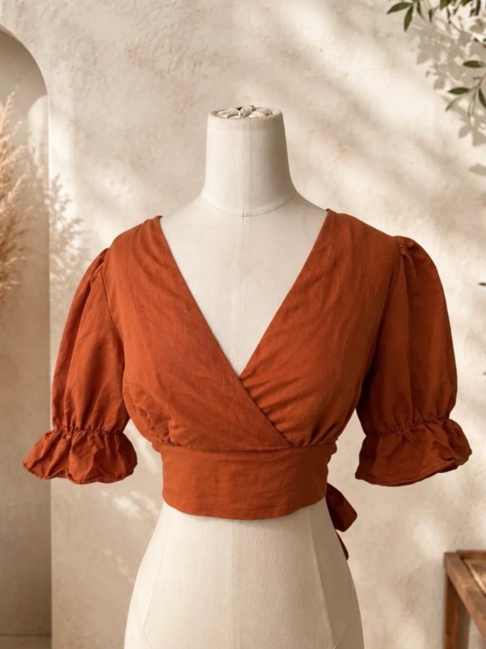 Idem Ditto Linen Cotton Blend Wrap Crop Top Rust Orange Puff Sleeve Tie Back S